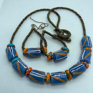 Afrocentric Beaded Necklace Set | Ghana Glass Beads | Brass Spacers | Ghana Saucer Glass Bead Spacers | Beaded Necklace | Dangle Earrings