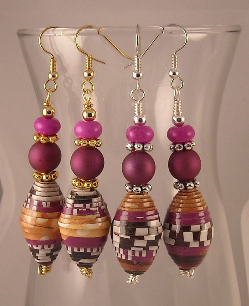 Earthy Dangle Earrings Multicolor Handmade Paper Bead Earrings Wood