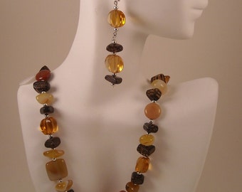 Earth Tones Glass and Wood Beaded Necklace Earring Set | Boho Jewelry | Bohemian Jewelry | Casual Wear