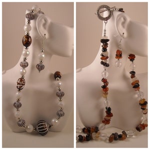 Agate Acrylic Beaded Bronze & White | 27&quot; Long Necklace Earring Set | Glass Rock Crystals beaded 26&quot; Long Necklace Earrings Set