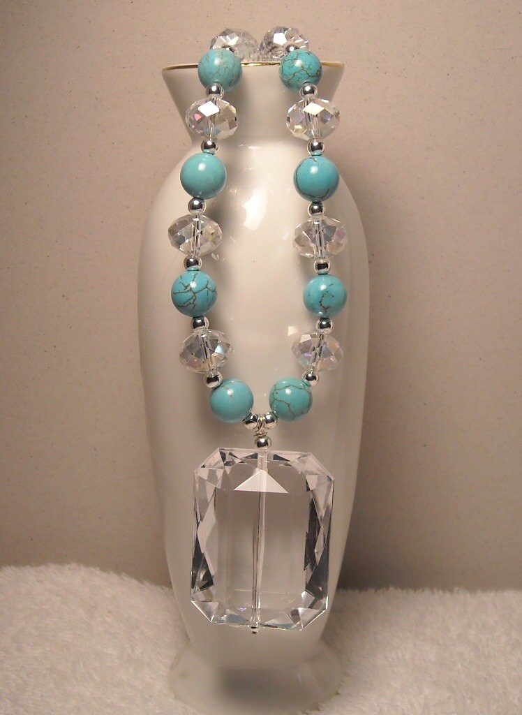 Statement Beaded Necklace Turquoise Necklace Crystal Necklace Acrylic Crystal Pendant Necklace