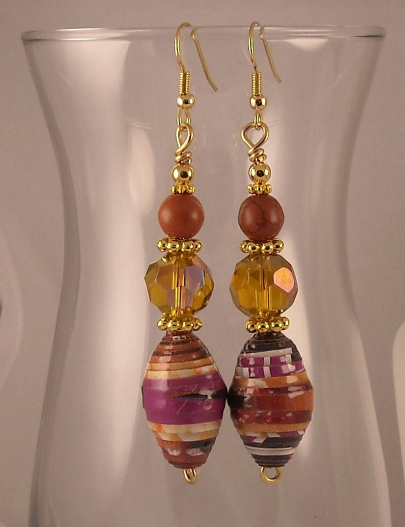 Earthy Dangle Earrings Multicolor Handmade Paper Bead Earrings Wood