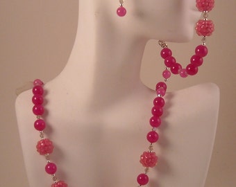 Pink Fuchsia Malaysia Jade Beads Beaded Jewelry Set Beaded Necklace Beaded Bracelet Beaded Post Earrings