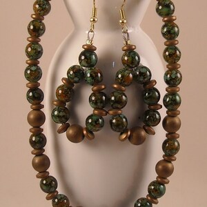 Green Variegated Glass Beads Hematite Beads and Hematite Disk Spacer Beads Beaded Necklace and Teardrop Earrings