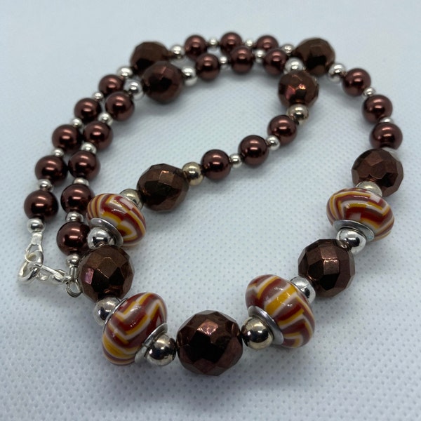 Dione Porcelain and Preciosa Czech Fire Polished Bronze Faceted Glass Beads with Glass Chocolate Pearls Necklace