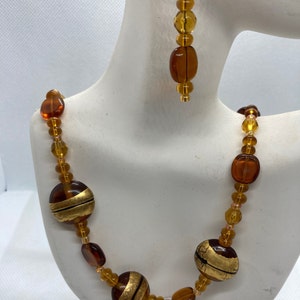 Gold Glass Beads Beaded Necklace and Dangle Earrings Set