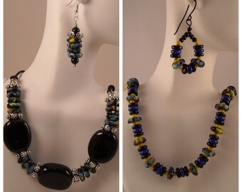 African Glass Krobo Disk Beads Black Porcelain Glass Beads with Silver Accent Spacers Beaded Statement Necklace and Dangle Earrings