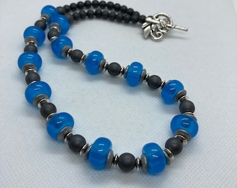 Statement Beaded Necklace | Hematite Gemstone Necklace | One Of A Kind | Blue Grey and Silver Necklace | Boho Necklace | Bohemian Necklace