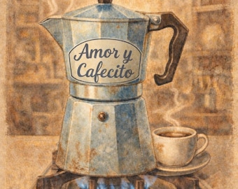 Vintage Greca Cafetera Printable Wall Art | Puerto Rican Coffee Art | Amor y Cafecito Kitchen Decor | Cafecito Poster | Latin Coffee Illustr