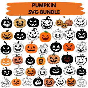 Może przedstawiać: Cyfrowa kolekcja ilustracji dyń zatytułowana PUMPKIN SVG BUNDLE. Zestaw zawiera różne wzory lampionów z dyni w formie czarnych sylwetek, pomarańczowych wypełnień i białych konturów, prezentujące różnorodne wyrazy twarzy.