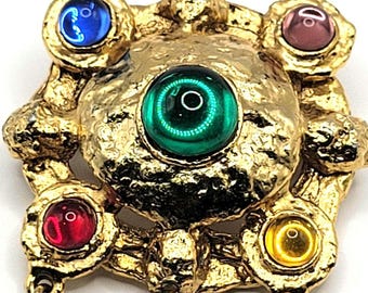Vintage Gold Tone Brooch – Jewel-Tone Glass Cabochons, Dangles, 1980s Boho Couture