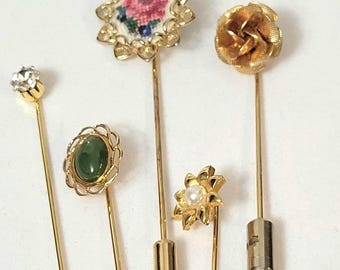 Vintage Gold Stick Pins, Mid Century Petit Point Rose, Faux Pearl Sunburst, Green Cabochon