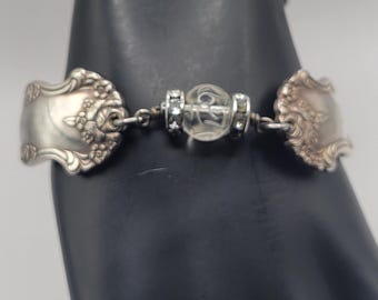 Upcycled Silver-Plated Spoon Bracelet, 1932 Bridal Wreath Floral Cuff, Magnetic Clasp