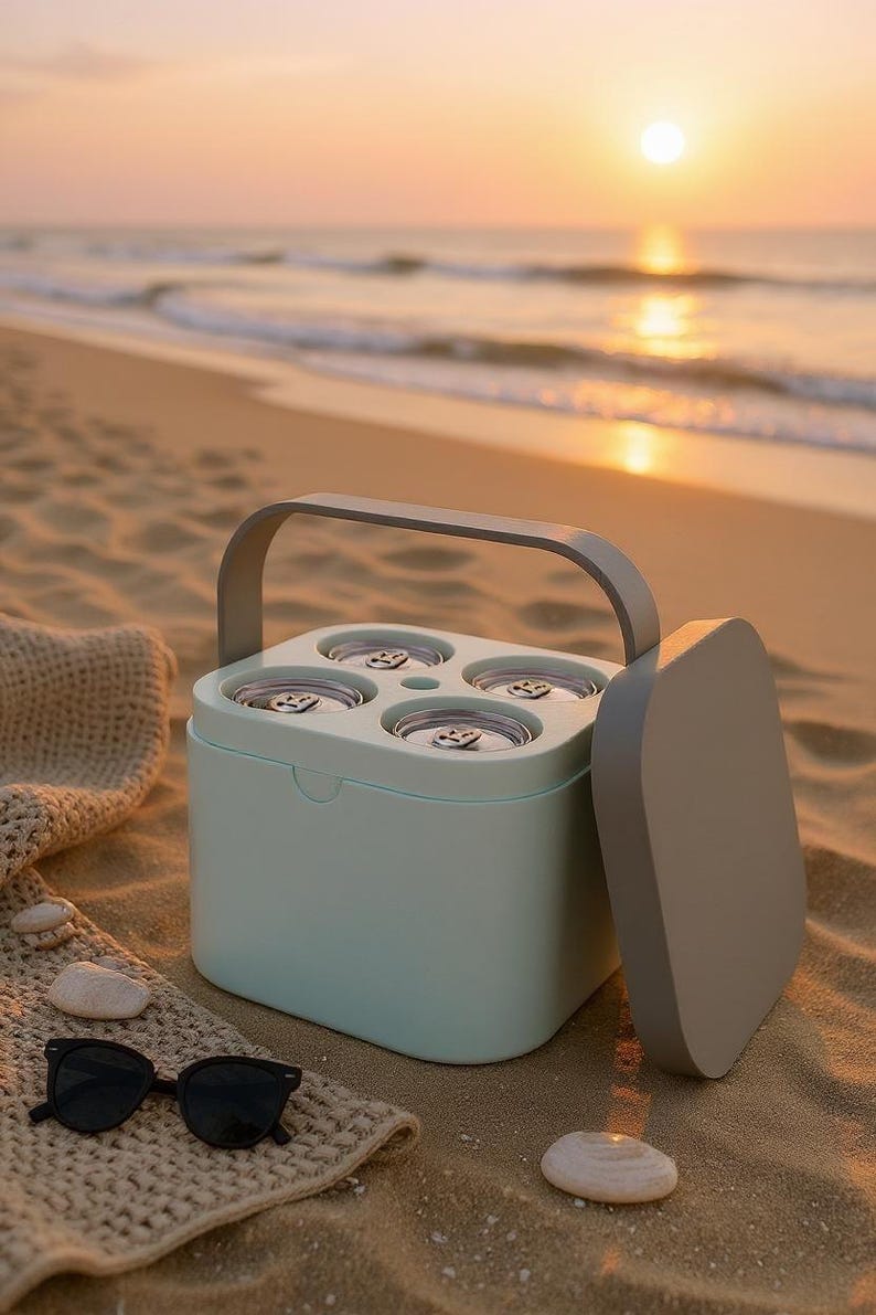 May include: A light blue cooler with a gray handle and lid, containing four cans. The cooler sits on a sandy beach with sunglasses and a woven blanket. The background shows the ocean and a sunset.