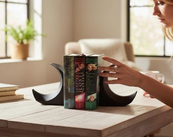 Juego de 2 sujetalibros con forma de luna creciente, impresos en 3D, decoración celestial para estantes.