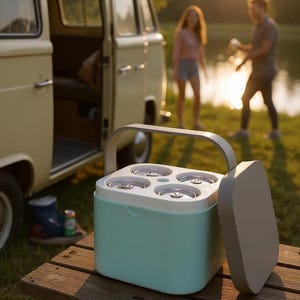 May include: A light blue cooler with a white top and handle, holding four cans. The cooler sits on a wooden picnic table, with a vintage van and people in the background. The lid is open.