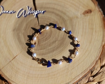 Ocean Whisper Bracelet| Lapis Lazuli & Freshwater Pearl | Link Chain