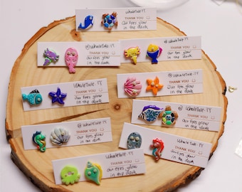 Handmade Polymer Clay Ocean Animal Stud Earrings with Glow-in-the-Dark Eyes