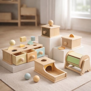 Könnte beinhalten: Holz-Lernspielzeug in Pastellfarben. Enthält einen Formensortierer mit Schubladen, Kisten mit Deckeln, einen Rollzylinder und einen Tunnel. Die Spielzeuge sind auf einem neutralen Teppich angeordnet.