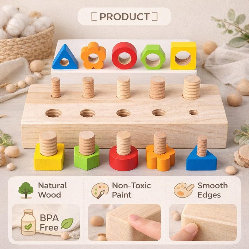 Montessori Screw Matching Board Wooden Fine Motor Toy Shape Sorting ...