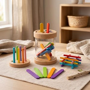 Può includere: Giocattoli educativi in legno di varie forme e colori. I giocattoli includono un cilindro con bastoncini colorati all'interno, una tavola con pioli verticali e una piccola struttura a forma di ponte. I giocattoli sono progettati per l'apprendimento e il gioco.