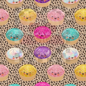 May include: A repeating pattern featuring cartoon dumplings in shades of pink, yellow, purple, and teal, each with a smiling face. The dumplings are in light brown steamer baskets, set against a leopard print background.