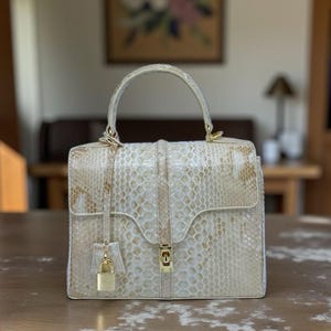 May include: A cream-colored handbag with a snakeskin pattern. The bag has a top handle, a flap closure, and a gold-colored lock. The bag is sitting on a wooden table. The bag has a small gold-colored padlock hanging from the front.
