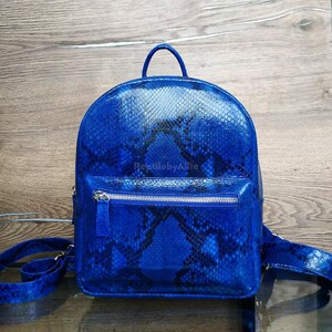 May include: A blue backpack with a snakeskin pattern. The bag has a top handle, a front zippered pocket, and adjustable shoulder straps. The text "ReptilebyAlia" is visible on the front of the bag. The bag is made of a shiny material.
