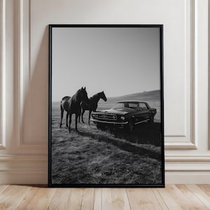 Vintage Mustang and Horses Print, Black and White Classic Car and Horse Wall Art, Luxury Photography, Minimalist Wall Decor
