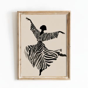 Minimalist Zebra Dress Dancer Art Print, Black and White Flowing Dress Fashion Wall Art, Minimal Modern Decor, Digital Download