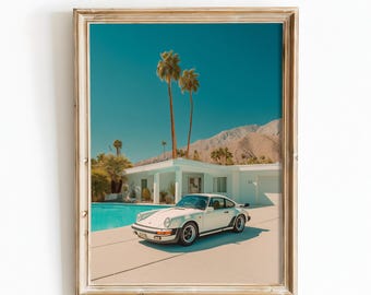 Porsche Palm Springs Print, Retro Poolside Car Wall Art, Mid Century Modern Desert Decor, Wall Art Print