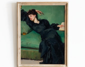Sage Green Wall Art, Sofa Reading Woman Poster, Woman Oil Painting, Renaissance Painting, Moody Oil Painting, Vintage Wall Art Poster