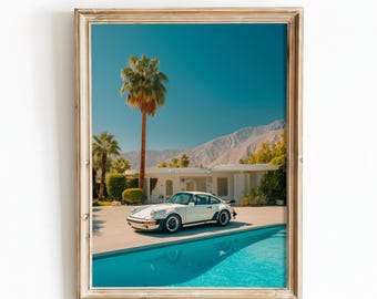 Porsche Palm Springs Print, Retro Poolside Car Wall Art, Mid Century Modern Desert Decor, Wall Art Print