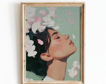 Floral Woman Portrait Wall Art, Pink Flower Hair Abstract Print, Feminine Face Art Print, Modern Botanical Artwork, Digital Download