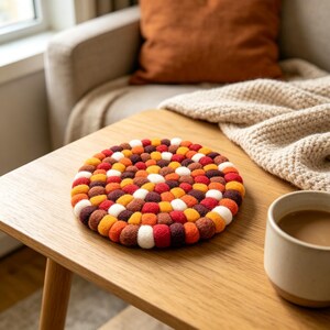 Handmade Wool Felt Ball Trivet | Colorful Rainbow Coaster | Chunky Mug Rug | Boho Farmhouse Kitchen Decor | Housewarming Mother Gift