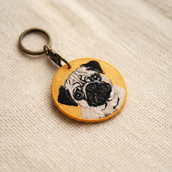 Precision Embroidered Pug Keychain | Double-Sided Dog Breed Bag Charm | High-Density Machine Stitch Pet Portrait | Gift for Pug Lovers