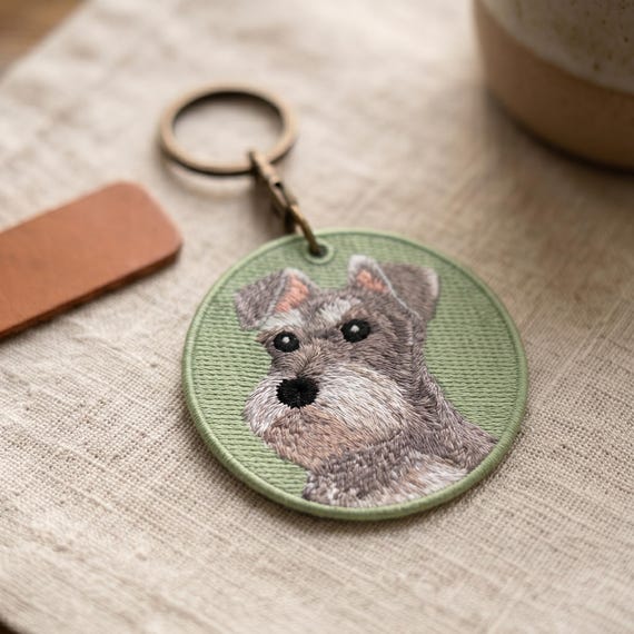 Precision Embroidered Schnauzer Keychain | Double-Sided Dog Breed Bag Charm | High-Density Stitch Pet Portrait | Gift for Schnauzer Lovers