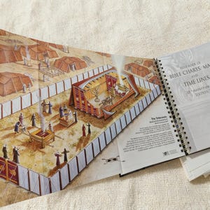 May include: Open book with a detailed illustration of a biblical scene, featuring a tent-like structure with figures and objects. The text "BIBLE CHARTS, MAPS AND TIME LINES" is visible on the right page. The book is spiral-bound.