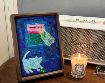 Needle Felted Cat Wool Painting Framed Fiber Art | Whimsical Night Window Scene with Kitten | Cozy Cottagecore Wall Decor