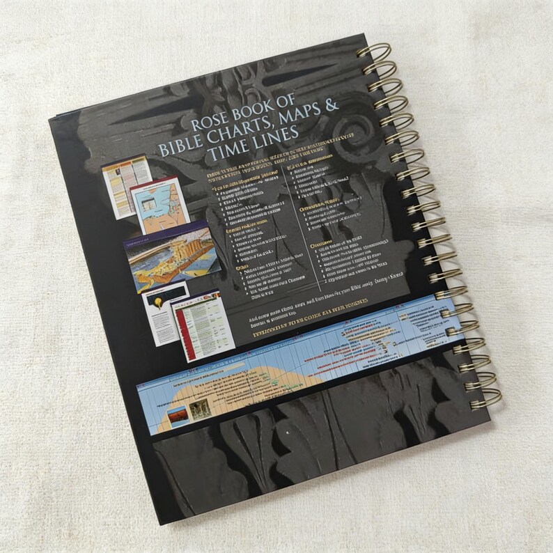 May include: A spiral-bound book titled "Rose Book of Bible Charts, Maps & Time Lines" with a black cover. The cover features architectural details and several smaller images. A timeline is visible at the bottom.