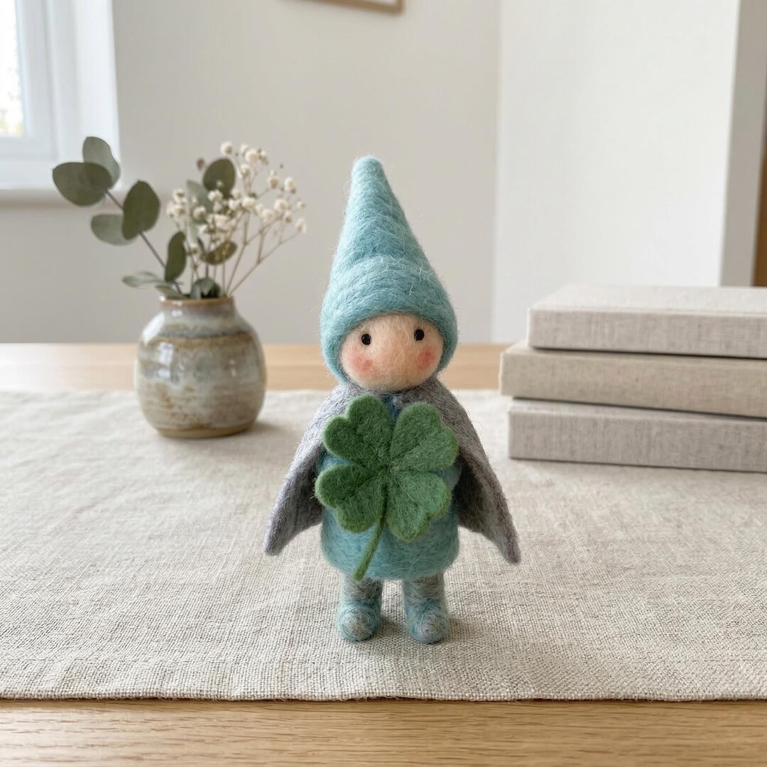 Lucky Clover Elf Doll, Needle Felted Waldorf Gnome, Finished Wool Felt ...