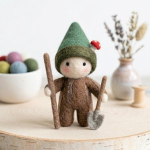 Needle Felted Woodland Gnome Figure, Miniature Wool Elf with Mushroom Hat, Handmade Garden Sprite Decor, Nature Table Ornament