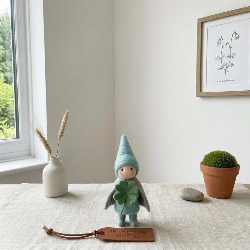 Lucky Clover Elf Doll, Needle Felted Waldorf Gnome, Finished Wool Felt ...