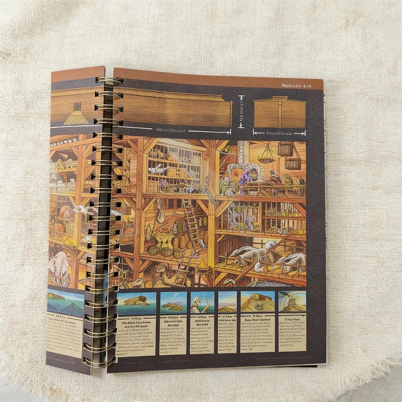 May include: A spiral-bound book with a detailed illustration of Noah's Ark. The artwork depicts the ark's interior with animals and various compartments. The book is open, revealing the colorful illustration and text.