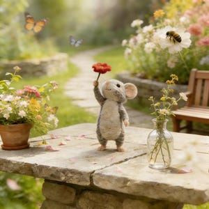 Könnte beinhalten: Eine kleine, flauschige Mausfigur in Grau und Weiß steht auf einer Steinoberfläche und hält eine einzelne rote Blume nach oben. Neben der Maus steht eine klare Glasvase mit kleinen gelben und weißen Wildblumen sowie ein Tontopf.