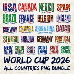以下が含まれることがあります： 「ワールドカップ2026」のテキストと、アメリカ、カナダ、メキシコ、スペインなどの国名がそれぞれユニークでカラフルなデザインで描かれたデジタルグラフィックバンドル。「One Nation One Team」や「Vamos Brasil!」などのフレーズが含まれています。