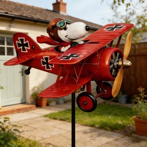 Molinillo de viento metálico de Snoopy Pilot, avión 2D, decoración vintage para jardín, regalo único para los fans de Peanuts.
