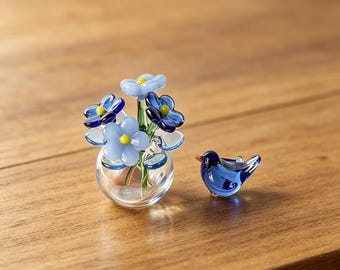 Handmade Glass Flower & Bird Set, Mini Transparent Vase Ornament, Unique Birthday Gift for Art Lovers