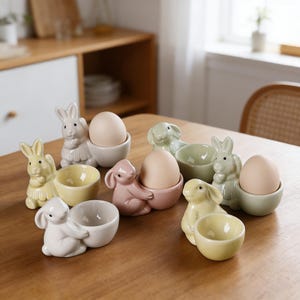 May include: A collection of ceramic bunny-shaped egg holders in various pastel colors, each holding a brown egg. The bunnies are in shades of yellow, pink, green, and white, with a matching bowl for the egg.