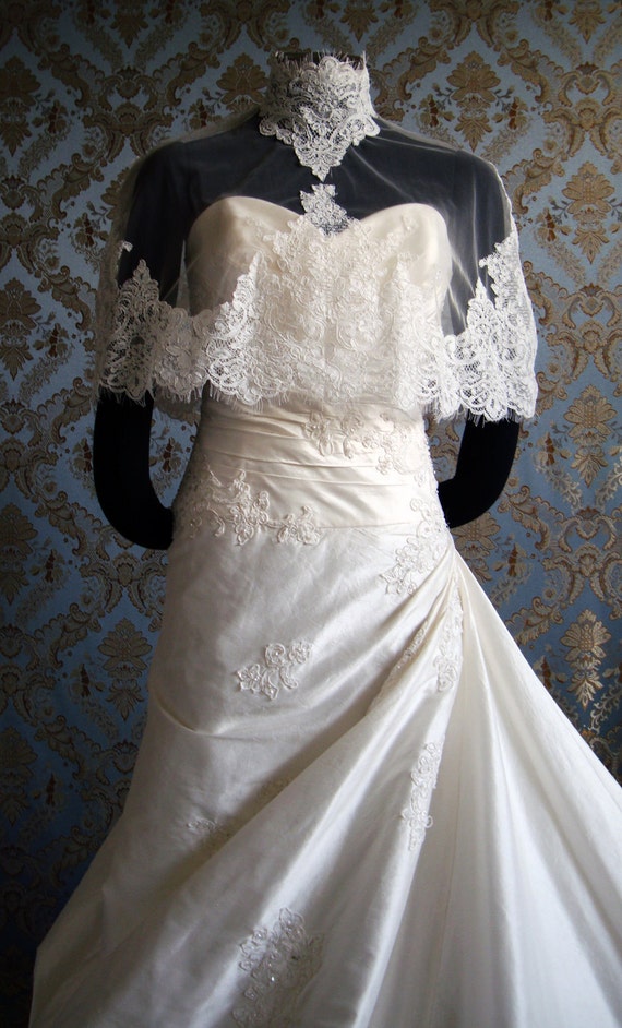 Items similar to Modern Bridal Lace Capelet Sheer Illusion Tulle & Lace ...